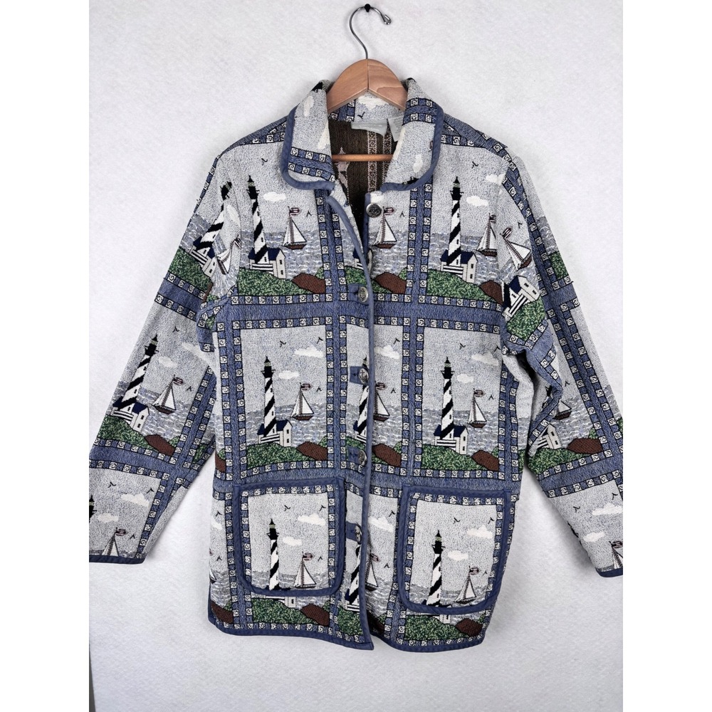 Vintage Blair Jacket L Nautical Lighthouse Sailboat Tapestry Coastal Grandma 90s